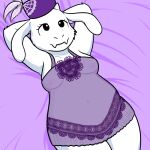  1:1 anthro black_eyes breasts clothing dress eyelashes female fur genitals hands_behind_head hat headgear headwear navel nishi_oxnard purple_clothing purple_dress purple_hat purple_headwear purple_sheets pussy smile solo toriel translucent translucent_clothing undertale_(series) white_body white_fur 