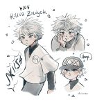  1boy alicia_rose artist_name character_name collage hat highres hunter_x_hunter killua_zoldyck layered_sleeves long_sleeves looking_at_viewer male_child male_focus shirt short_hair short_over_long_sleeves short_sleeves simple_background solo upper_body white_background white_hair white_shirt 