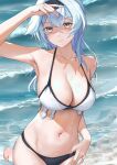  absurdres arm_up bare_arms beach bikini black_bikini blue_hair breasts brown_eyes cleavage closed_mouth collarbone day eula_(genshin_impact) flag888 genshin_impact hairband highres kneeling large_breasts long_hair looking_at_viewer mismatched_bikini navel ocean outdoors sidelocks smile stomach swimsuit white_bikini 