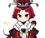  1girl animal_on_head animal_on_shoulder benienma_(fate) bird bird_on_head bird_on_shoulder fate/grand_order fate_(series) feather_trim food holding holding_food kinakotatu light_blush long_hair on_head onigiri ponytail red_eyes red_hair rice simple_background smile sparrow translation_request white_background wide_sleeves 