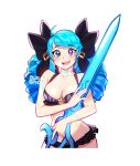  1girl :d alternate_costume artist_name bare_shoulders bikini black_bow blue_hair blush blushyspicy bow breasts cleavage collarbone commentary cowboy_shot drill_hair green_eyes gwen_(league_of_legends) hair_bow holding holding_scissors large_breasts league_of_legends long_hair looking_at_viewer navel oversized_object scissors smile solo swimsuit teeth transparent_background twin_drills twintails upper_teeth_only 