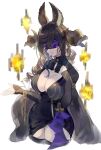  1girl animal_ears black_dress black_thighhighs blindfold breasts brown_hair cleavage cleavage_cutout closed_mouth clothing_cutout dress galleon_(granblue_fantasy) galleon_(life&#039;s_compassionate_observer)_(granblue_fantasy) granblue_fantasy highres horns large_breasts long_hair multicolored_hair osamu_(jagabata) pointy_ears sidelocks sleeves_past_wrists solo streaked_hair thighhighs turtleneck unfinished upper_body 