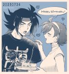  1boy 1girl blue_background blush border cake cake_slice choker closed_eyes clothes_writing commentary_request cross_scar dated domon_kasshu earrings english_text feeding food fork g_gundam greyscale greyscale_with_colored_background gundam hairband happy_birthday headband heart holding holding_fork holding_plate jewelry monochrome open_mouth plate profile rain_mikamura reikarintow scar scar_on_cheek scar_on_face shirt short_sleeves smile speech_bubble strawberry_shortcake t-shirt teeth twitter_username upper_body upper_teeth_only v-shaped_eyebrows 