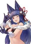  1girl :d ;d absurdres bell body_fur breasts cleavage commentary double_fox_shadow_puppet fang fox_shadow_puppet granblue_fantasy hair_bell hair_ornament highres large_breasts long_hair navel one_eye_closed open_mouth purple_hair red_eyes revealing_clothes simple_background smile solo upper_body very_long_hair white_background yamabuki7979 yuel_(granblue_fantasy) 