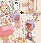  +++ 2girls :d apron arrow_(symbol) baseball_cap blonde_hair blue_skirt blush bottle brown_eyes closed_eyes closed_mouth collared_shirt commentary_request covering_mouth fang food food_on_clothes food_on_face grey_hair hair_flaps hair_intakes hair_ornament hair_over_one_eye hairclip hat holding holding_bottle idolmaster idolmaster_cinderella_girls koshimizu_sachiko multiple_girls pink_apron pink_headwear puffy_short_sleeves puffy_sleeves shirasaka_koume shirt short_sleeves skirt smile squirting_liquid striped striped_shirt surprised translation_request waist_apron white_shirt yukie_(kusaka_shi) 