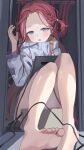  1girl absurdres bad_anatomy bad_feet barefoot blue_archive blue_eyes blush braid forehead guree_(haiiro) highres jacket long_hair looking_at_viewer open_mouth red_hair solo toes very_long_hair white_jacket yuzu_(blue_archive) 