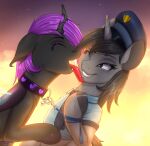  &lt;3 acting_like_a_dog arthropod black_hair bodily_fluids changeling clothing collar duo equid equine face_lick fan_character fangs friendship_is_magic fur grey_body grey_fur hair hasbro hi_res hooves horn howl_(oc) leash licking long_tongue mammal my_little_pony necktie police police_hat police_officer police_uniform purple_hair saliva teeth tlas_ii tongue tongue_out unicorn uniform 