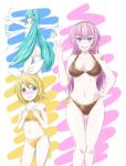  aqua_hair bikini bikini_removed blush breasts cleavage hair_ornament hair_ribbon hatsune_miku highres holding holding_clothes holding_swimsuit kagamine_rin long_hair looking_at_viewer megurine_luka navel number_tattoo ribbon side-tie_bikini_bottom smile sotomichi striped striped_bikini swimsuit tattoo twintails untied_bikini very_long_hair vocaloid 