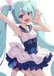  1girl ;d afnroll armpits blue_archive bracelet center_frills commentary frills green_eyes green_hair hair_between_eyes halo hatsune_miku highres idol idol_clothes jewelry long_hair looking_at_viewer one_eye_closed salute sidelocks simple_background sleeveless smile solo twintails vocaloid 
