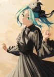  1girl absurdres aqua_hair black_dress black_headwear black_ribbon closed_mouth dress expressionless googly_eyes green_eyes hands_up highres looking_at_viewer medium_hair monogatari_(series) nemo_ringo ononoki_yotsugi pointy_ears ribbon solo 