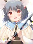  1girl animal_ears ari_don blush capelet dowsing_rod frilled_capelet frills grey_hair highres layered_capelet long_sleeves looking_at_viewer mouse_ears nazrin open_mouth red_eyes shirt short_hair skirt skirt_set solo touhou upper_body white_capelet white_shirt 
