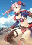  1girl american_flag_bikini asymmetrical_hair bangs bikini black_choker blue_eyes blue_jacket blue_sky boots breasts brown_footwear bun_cover choker cleavage cloud collarbone commentary_request day fate/grand_order fate_(series) flag_print gun gunblade hair_bun holding holding_gun holding_weapon jacket large_breasts long_sleeves miyamoto_musashi_(fate) miyamoto_musashi_(swimsuit_berserker)_(fate) miyamoto_musashi_(swimsuit_berserker)_(second_ascension)_(fate) navel norizou outdoors parted_lips pink_hair shrug_(clothing) single_side_bun skindentation sky smile solo standing standing_on_one_leg stomach swept_bangs swimsuit thigh_boots weapon 