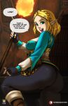  2023 blonde_hair breasts butt clothing dialogue english_text female fingerless_gloves fire gloves hair handwear hi_res humanoid humanoid_pointy_ears hylian kyoffie light_body light_skin nintendo not_furry open_mouth open_smile princess_zelda smile solo speech_bubble text the_legend_of_zelda url 