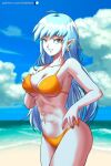  1girl abs aeos_(dragon_ball) alternate_costume bare_shoulders beach bikini blue_eyes blue_hair blue_nails blue_skin breasts cloud colored_skin commission cowboy_shot dragon_ball dragon_ball_heroes earrings english_commentary fingernails grabbing_own_breast highres jewelry large_breasts long_hair looking_at_viewer navel ocean outdoors patreon_username pea-bean pointy_ears potara_earrings sky smile solo standing swimsuit water web_address yellow_bikini 