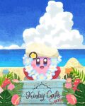 alternate_costume beach blue_eyes blue_flower blue_sky blush_stickers cloud colored_skin commentary english_commentary flower flower_necklace hat hat_ornament highres kirby kirby_(series) kirby_cafe looking_at_viewer miclot no_humans ocean open_mouth palm_leaf pink_flower pink_skin red_footwear sand shoes sign sitting sky smile star_(symbol) star_hat_ornament starfish summer tropical white_headwear 
