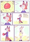  anthro ball bottomwear brown_body canid canine clothing comic deer dress duo female fox hi_res male mammal red_body renita_reed shirt shorts sky smile spanish_text tail text topwear 