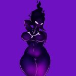  absurd_res breasts bugzilla colored_fire elemental_creature female fire flaming_hair genitals hi_res humanoid markings navel no_pupils not_furry pseudo_hair purple_background purple_body pussy shadow_creature simple_background solo thick_thighs white_eyes wide_hips 