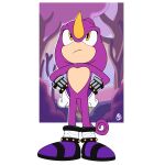  anthro chameleon clothing espio_the_chameleon footwear frown gloves hands_on_hips handwear hi_res horn humanoid innotsu lizard male purple_body reptile scalie sega shoes solo sonic_the_hedgehog_(series) standing tail tan_body 