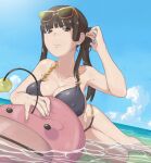  1girl alternate_hairstyle anglerfish beach bikini black_bikini black_eyes black_hair blue_sky blunt_bangs breasts chain_bikini closed_mouth cloud commentary covered_nipples day english_commentary eyewear_on_head fish frown girls_und_panzer hair_up half-closed_eyes halterneck hand_in_own_hair highres horizon huaronanago inflatable_toy large_breasts long_hair looking_at_viewer lying mature_female nishizumi_shiho on_side orange-framed_eyewear outdoors ponytail sky solo sunglasses swimsuit wading water wet 