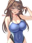  1girl ahoge black_one-piece_swimsuit blue_one-piece_swimsuit blush breasts brown_hair competition_swimsuit covered_navel cowboy_shot dated double_bun hair_bun hairband highres impossible_clothes impossible_swimsuit kantai_collection kongou_(kancolle) long_hair looking_at_viewer medium_breasts montemasa one-hour_drawing_challenge one-piece_swimsuit open_mouth simple_background smile swimsuit twitter_username two-tone_swimsuit white_background 