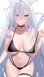  1girl absurdres animal_ears aqua_eyes bare_shoulders bikini black_bikini black_choker blue_archive blush breasts cherrymaru choker cleavage closed_mouth collarbone cowboy_shot extra_ears grey_hair highres large_breasts long_hair looking_at_viewer shiroko_(blue_archive) shiroko_(terror)_(blue_archive) simple_background skindentation solo strap_slip swimsuit thigh_gap thigh_strap very_long_hair water wet white_background wolf_ears 