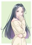  1girl antenna_hair bare_shoulders blue_hair from_side gradient_background green_background hand_to_own_mouth long_hair looking_at_viewer off-shoulder_sweater off_shoulder original simple_background solo sweater upper_body yamanaka_kouji_(yanchiki2001) yellow_eyes 