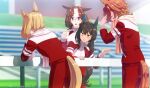  4girls admire_vega_(umamusume) ahoge animal_ears blonde_hair blurry blurry_background brown_hair cup dated day flying_sweatdrops hairband hand_on_own_forehead holding holding_cup holding_towel horse_ears horse_girl horse_tail jacket long_hair long_sleeves looking_at_another meisho_doto_(umamusume) multicolored_hair multiple_girls narita_top_road_(umamusume) open_clothes open_jacket open_mouth outdoors pants pink_eyes purple_eyes red_pants short_hair standing sweat t.m._opera_o_(umamusume) tail tail_through_clothes takuzui towel twitter_username two-tone_hair umamusume 