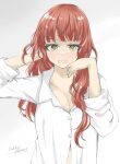  1girl blunt_bangs breasts cleavage collared_shirt de_ruyter_(kancolle) dress_shirt gakky green_eyes highres kantai_collection medium_breasts messy_hair one-hour_drawing_challenge red_hair shirt solo upper_body white_shirt 