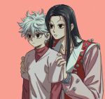  2boys black_eyes black_hair brothers commentary_request ctfsxxrt grey_hair hands_on_another&#039;s_shoulders highres hunter_x_hunter illumi_zoldyck killua_zoldyck long_hair male_focus multiple_boys short_hair siblings simple_background upper_body 