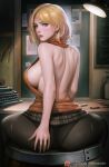  1girl ashley_graham back blonde_hair blue_eyes bob_cut breasts chalkboard clothes_lift from_behind highres large_breasts light looking_at_viewer orange_shirt orange_sweater panties pantyhose paper plaid plaid_skirt resident_evil resident_evil_4 resident_evil_4_(remake) shirt sideboob skirt skirt_lift sleeveless sleeveless_sweater sleeveless_turtleneck solo sweater table torn_clothes torn_pantyhose turewindwalker turtleneck typewriter underwear 