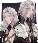  1boy 1girl black_jacket breasts chest_strap cleavage closed_mouth collarbone collared_jacket commentary dual_persona final_fantasy final_fantasy_vii final_fantasy_vii_remake genderswap genderswap_(mtf) green_eyes grey_hair hair_behind_ear jacket large_breasts lips long_hair long_sleeves looking_at_viewer mugikoma parted_bangs pectorals sephiroth shoulder_pads symbol-only_commentary twitter_username upper_body 