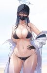  1girl ass_visible_through_thighs bare_shoulders bikini black_bikini black_gloves black_headwear blue_archive blue_eyes blue_hair blurry blurry_background blush breasts cleavage collarbone covered_mouth cowboy_shot gloves halo hand_on_own_hip hat highres large_breasts long_hair long_sleeves looking_at_viewer mask mouth_mask navel off_shoulder outdoors saori_(blue_archive) sea_nami standing stomach swimsuit thighs 