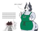  anthro apron apron_only australian_cattle_dog belly big_breasts big_butt black_hair bluey_(series) blush breasts butt canid canine canis cattledog chubby_belly chubby_female clothed clothing container cup cute_expression dialogue digital_drawing_(artwork) digital_media_(artwork) domestic_dog duo english_text eyebrows felid feline female fur green_apron grey_body grey_fur hair herding_dog holding_container holding_cup holding_object holding_pen i_mean_breast_milk leopard male male/female mammal meme mostly_nude nervous open_mouth pantherine pastoral_dog pen shaking shivering simple_background size_difference skinny skinny_male slightly_chubby text thick_thighs trixie_(bluey) tunk tunk_saray_lovesta white_background white_body white_fur wide_hips worried_look 