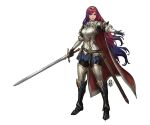  1girl alear_(female)_(fire_emblem) alear_(fire_emblem) alternate_costume armor blue_eyes fire_emblem fire_emblem_engage full_body heterochromia highres jaeon009 long_hair multicolored_hair outstretched_arm red_eyes red_hair redesign simple_background solo standing sword two-tone_hair unsheathed very_long_hair weapon white_background 