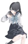  1girl absurdres akebi-chan_no_serafuku akebi_komichi animal_on_hand black_hair black_sailor_collar black_skirt black_socks blue_bow blue_eyes blush bow bug butterfly closed_mouth collarbone feet_out_of_frame highres knees_together_feet_apart long_hair long_sleeves looking_at_viewer pleated_skirt ponytail puffy_long_sleeves puffy_sleeves qtian sailor_collar shirt simple_background skirt smile socks solo white_background white_shirt 