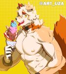  2023 anthro arknights art_uza canid canine canis collar dessert domestic_dog food fur hair hi_res horn hung_(arknights) hypergryph ice_cream looking_at_viewer male mammal multicolored_body multicolored_fur muscular muscular_anthro muscular_male orange_body orange_hair smile solo studio_montagne tail tan_body tan_fur tongue tongue_out two_tone_body two_tone_fur white_body white_fur white_hair 