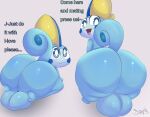  2023 anthro balls big_balls big_butt blue_body blue_cheeks blue_eyes blue_tail butt confident curled_tail duo english_text generation_8_pokemon genitals hi_res huge_balls huge_butt looking_back male nintendo open_mouth pink_tongue plushtrapboyuwu pokemon pokemon_(species) shy simple_background sitting smile sobble standing tail text thick_thighs tongue white_background 