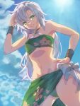  1girl blue_sky chiharu_(9654784) cloud eiyuu_densetsu fie_claussell green_eyes highres long_hair looking_at_viewer looking_down sen_no_kiseki sidelocks sky smile solo sun swimsuit white_hair 