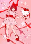  1girl animal animal_ears arima_kana bob_cut cat cat_ears dress full_body hair_ribbon happy hello_kitty inverted_bob one_eye_closed open_mouth oshi_no_ko pink_background pink_dress red_eyes red_footwear red_hair red_ribbon ribbon short_hair smile star_(symbol) xiang_yu_pai 