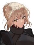  1girl armor artoria_pendragon_(fate) blonde_hair braid fate/grand_order fate_(series) french_braid gorget kanniiepan looking_to_the_side plate_armor puffy_sleeves saber_alter sidelocks solo white_background wind yellow_eyes 