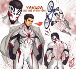  1boy absurdres artist_name back bicycle black_bodysuit black_hair bodysuit closed_mouth coat coat_on_shoulders cosplay facial_hair grey_coat highres holding kiryuu_kazuma large_pectorals male_focus marvel mask multicolored_bodysuit multicolored_clothes multiple_views muscular muscular_male pectorals red_bodysuit ryuu_ga_gotoku_(series) short_hair spider-man spider-man:_into_the_spider-verse spider-man_(cosplay) spider-man_(series) tazahan white_bodysuit 