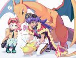  ! 1boy 1girl baseball_cap boots cape champion_uniform charizard coat dynamax_band eyewear_on_head green_eyes hair_ornament hat heart heart_hair_ornament high_heel_boots high_heels leon_(pokemon) looking_at_another nail_polish orange_hair pokemon pokemon_(creature) pokemon_(game) pokemon_swsh purple_hair red-framed_eyewear shinonoko_(tubamecider) side_ponytail simple_background sonia_(pokemon) sparkle squatting sunglasses tongue tongue_out v-shaped_eyebrows white_background wings yamper 