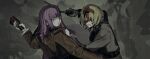  2girls alice_margatroid blonde_hair blood blood_in_hair blood_on_face blunt_bangs bottle broken_bottle brown_coat closed_mouth coat cookie_(touhou) grey_background gun gun_to_head hair_between_eyes hairband holding holding_bottle holding_gun holding_weapon jigen_(cookie) long_bangs long_hair long_sleeves looking_at_viewer looking_back medium_bangs multiple_girls on_(_l0_) open_mouth patchouli_knowledge red_hairband revolver short_hair sidelocks taisa_(cookie) touhou upper_body weapon 