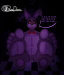  abs absurd_res animatronic anthro balls barefoot bonnie_(fnaf) bow_tie brunisdraws darkness dialogue english_text eyebrows feet five_nights_at_freddy&#039;s foot_fetish foot_focus fur fury genitals hi_res hindpaw humanoid lagomorph leporid long_ears machine male mammal muscular pawpads paws penis purple_body purple_fur purple_skin rabbit red_eyes robot scott_cawthon scottgames shaded shadow sign signature soles solo speech_bubble text 