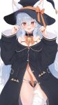  1girl animal_ear_fluff animal_ears bandaged_leg bandages bell between_breasts black_coat black_nails black_panties bow breasts chloette coat commentary_request cowboy_shot fang fingernails frilled_sleeves frills grey_hair hair_between_eyes hat hat_bow highres jingle_bell lace lace_panties long_hair long_sleeves looking_at_viewer medium_breasts nail_art nail_polish navel neck_bell neck_ribbon orange_bow orange_nails orange_ribbon original panties red_eyes ribbon sharp_fingernails sidelocks skin_fang solo thigh_gap thighs tongue tongue_out underwear v-shaped_eyebrows very_long_hair wavy_hair witch witch_hat 
