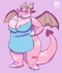  2023 activision anthro apron apron_only big_breasts breasts clothing devore digital_drawing_(artwork) digital_media_(artwork) dragon eyewear female glasses hand_on_breast hand_on_hip horn looking_at_viewer mostly_nude mrs._shoutfire nipples overweight overweight_anthro overweight_female pink_body scalie simple_background smile smiling_at_viewer solo spyro_the_dragon tail thick_tail thick_thighs wings 