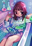  bare_legs bathroom bathtub brown_hair bubble chemicals chemistry commentary english_commentary feefal highres lab_coat medium_hair microbe original potion scientist tile_wall tiles tongue tongue_out vial water window 