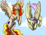  blonde_hair cutie_mark dandelion_dreams duo equid equine feathered_wings feathers female feral fetlocks flying foxenawolf fur goldfur&#039;s_cogsverse hair hasbro hooves mammal my_little_pony open_mouth orange_hair pegasus pink_hair summer_storm_(goldfur) tan_body tan_fur underhoof wings yellow_body yellow_fur 