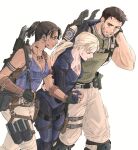  1boy 2girls belt black_gloves blonde_hair blue_sleeves blue_suit breasts brown_hair chris_redfield cleavage closed_eyes closed_mouth collarbone dark_skin english_commentary fingerless_gloves formal gloves green_shirt high_ponytail holding_hands holster jewelry jill_valentine looking_at_another low_ponytail multiple_girls muscular necklace parted_bangs parted_lips ponytail resident_evil resident_evil_5 scar sheva_alomar shirt short_hair short_sleeves sleeveless smile suit thigh_holster upper_body valenfield weapon 