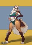  alaskan_malamute anthro big_breasts breasts canid canine canis clothing domestic_dog extremedash female fur furry_tail hi_res ingrid_(extremedash) mammal navel nordic_sled_dog pulling_clothing saltamor simple_background solo spitz tail thick_thighs underwear 